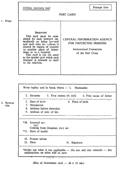 Annex III, model 1: internment card