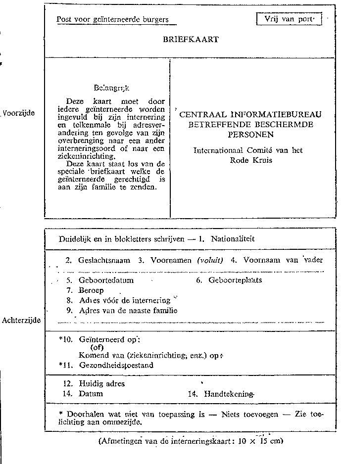 Bijlage III, model 1: interneringskaart