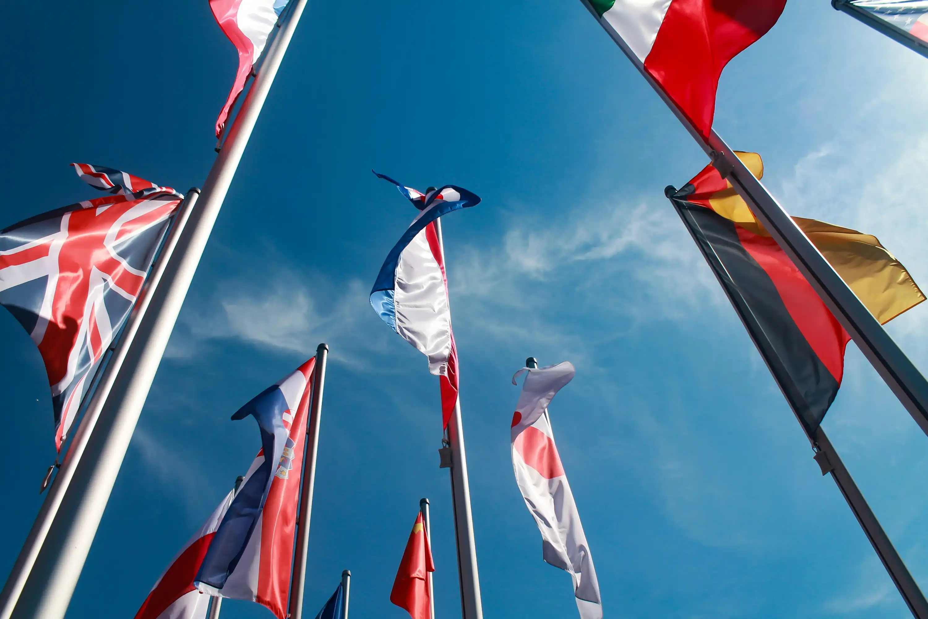 Flags of various nations in front of a blue sky
